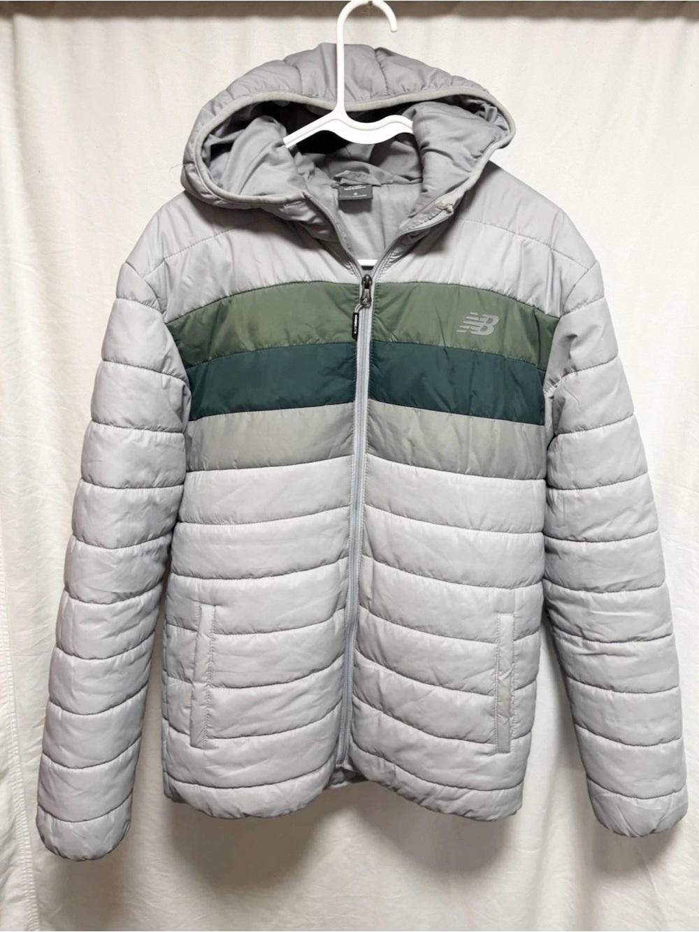 New Balance Light Gray Quilted Jacket with Green Chest Panel